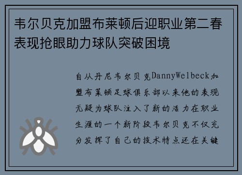 韦尔贝克加盟布莱顿后迎职业第二春表现抢眼助力球队突破困境